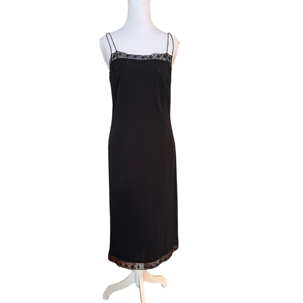 Rimini Black Slip Dress Lace Trim Beaded Midi Y2K Minimal Strappy Size 8